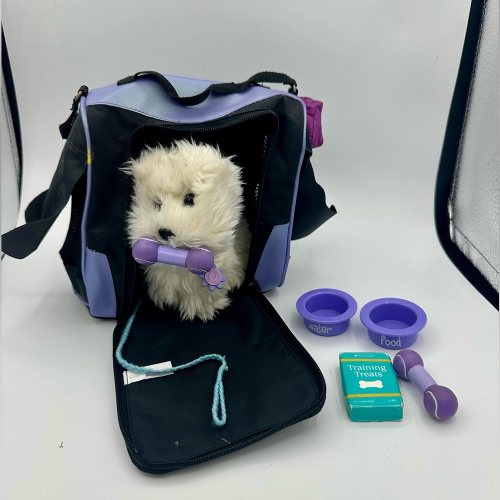 American Girl Doll Coconut the Dog in Purple Pet Carrier W/ Accessories